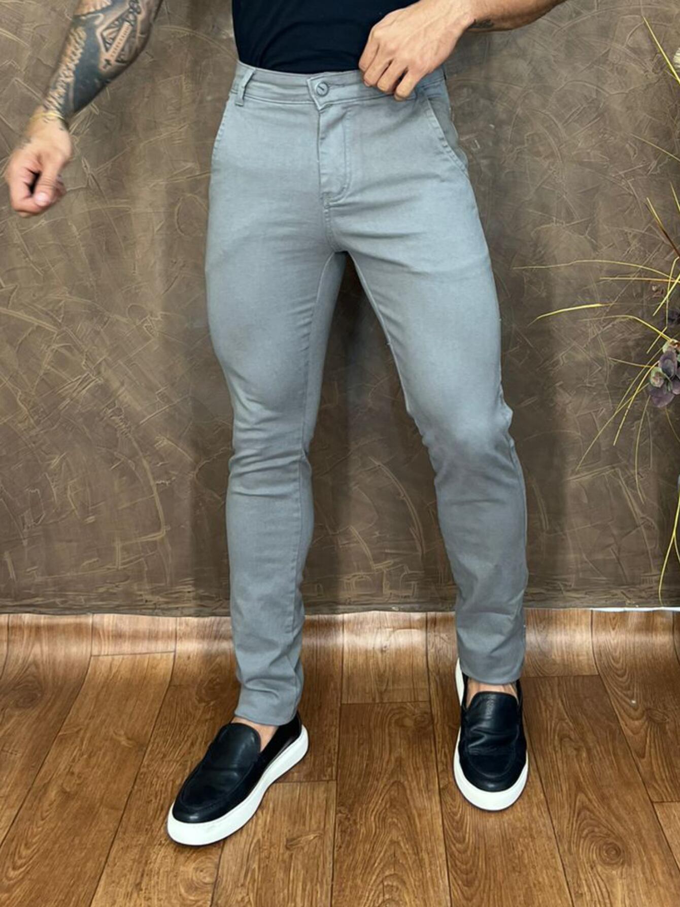 Calça sarja masculina esporte fino cinza clara