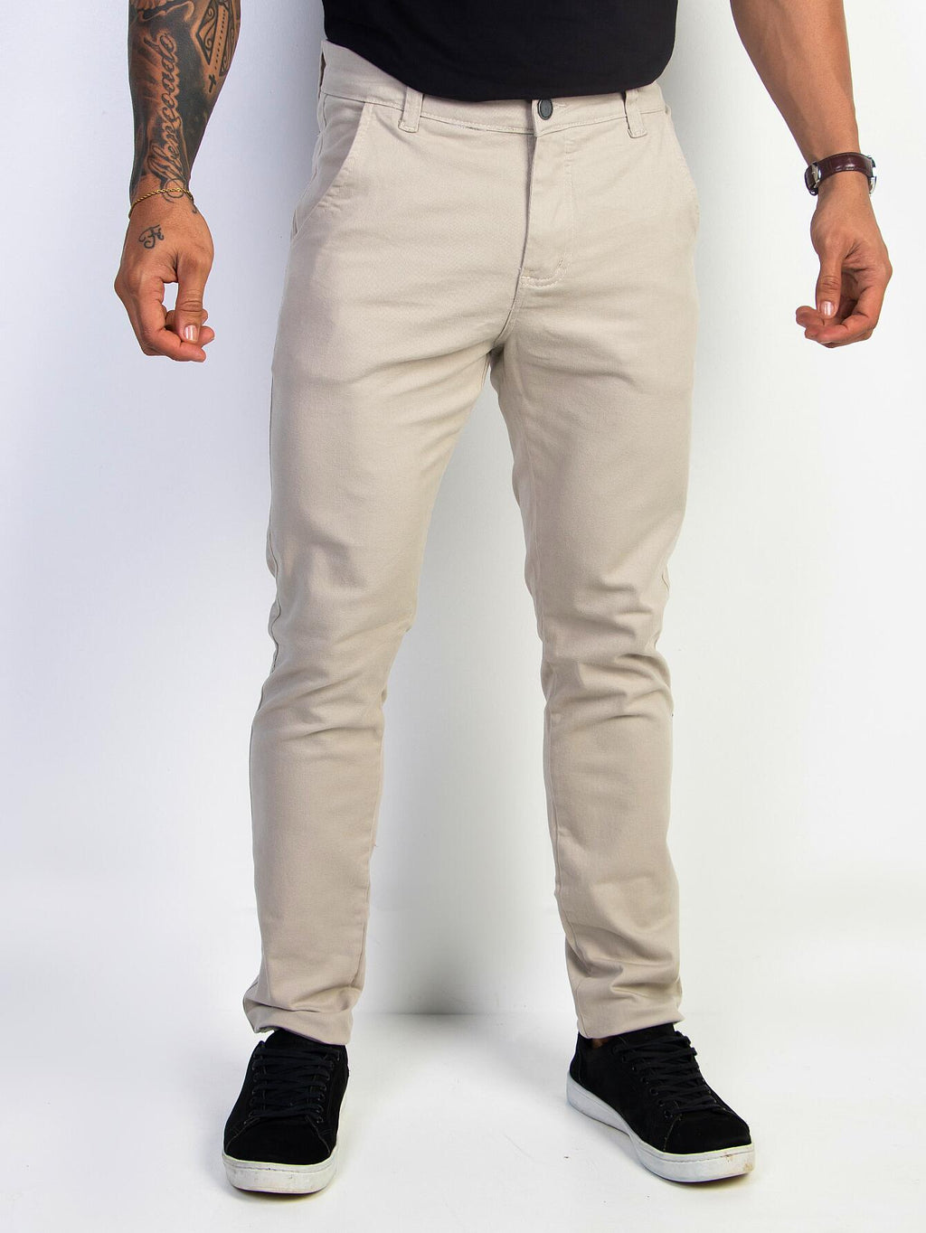 Calça sarja masculina esporte fino creme areia