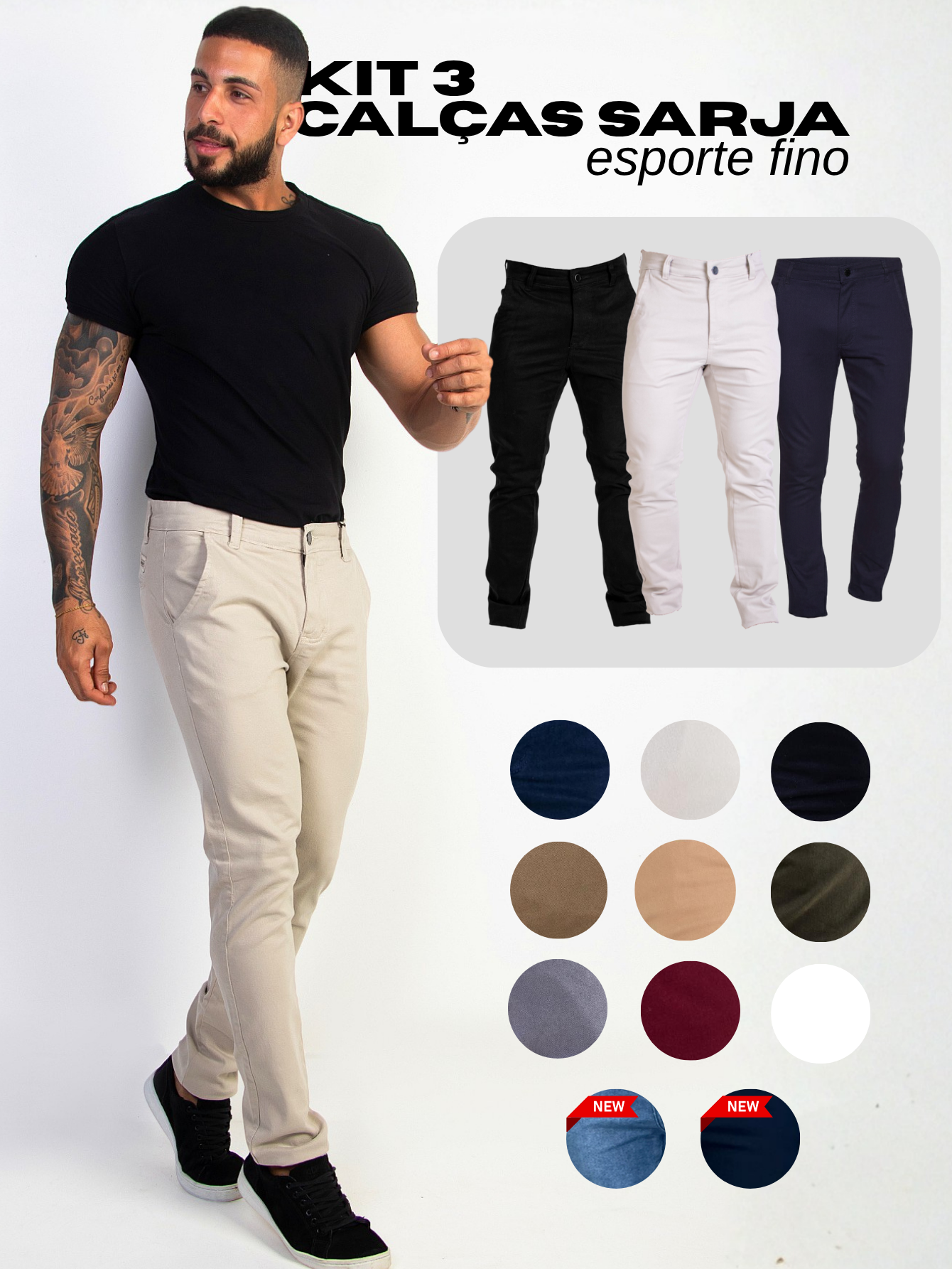 Kit 3 Calças Sarja Masculinas Esporte Fino - kit completo