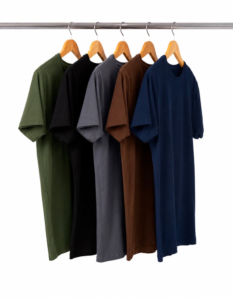 Kit 5 Camisetas Masculinas de Algodão Premium - Cinza Chumbo + Preto + Verde Militar + Marrom + Azul Marinho